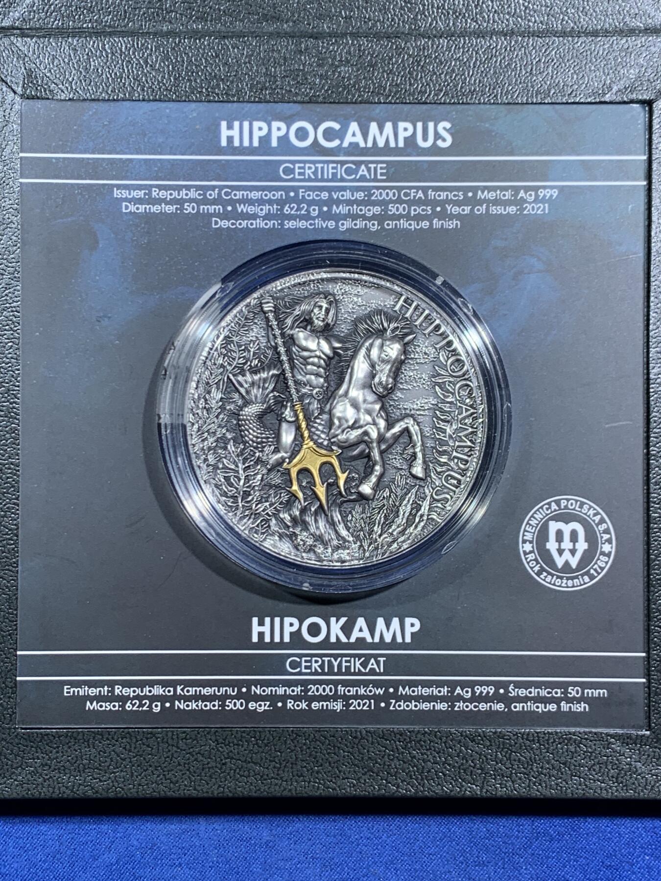 《竞宝斋》第464场 周日，周一，周二，3场连拍 （全场包邮）欢迎送拍 喀麦隆2021年2000中非法郎仿古镀金银币 马头鱼尾海怪 62.2克999银 发行量：500 盒证全
