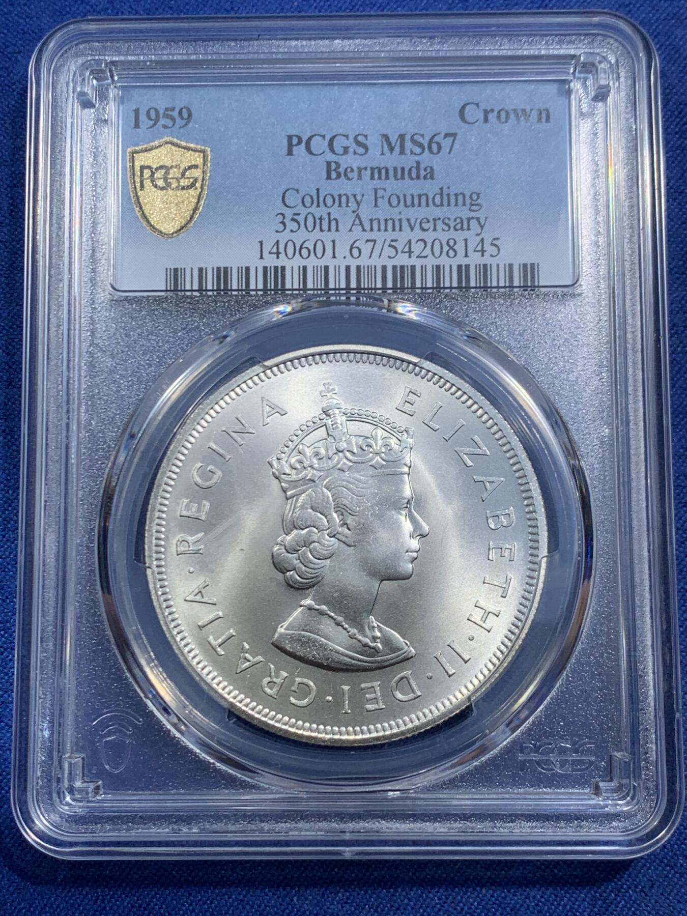 《竞宝斋》第464场 周日，周一，周二，3场连拍 （全场包邮）欢迎送拍 PCGS MS67 英属百慕大1959年伊丽莎白二世1克朗大银币 季军分