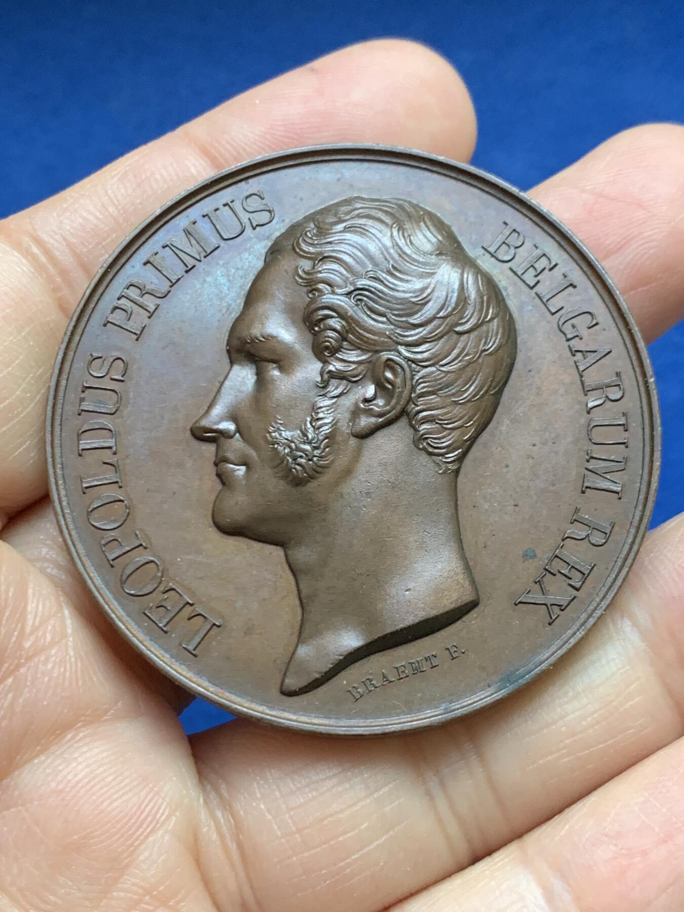 《竞宝斋》第465场 周日，周一，周二，3场连拍 （全场包邮）欢迎送拍 比利时1837年纪念根特至登德尔蒙德铁路开通铜章，利奥波德一世头像，42.9g，49.2mm