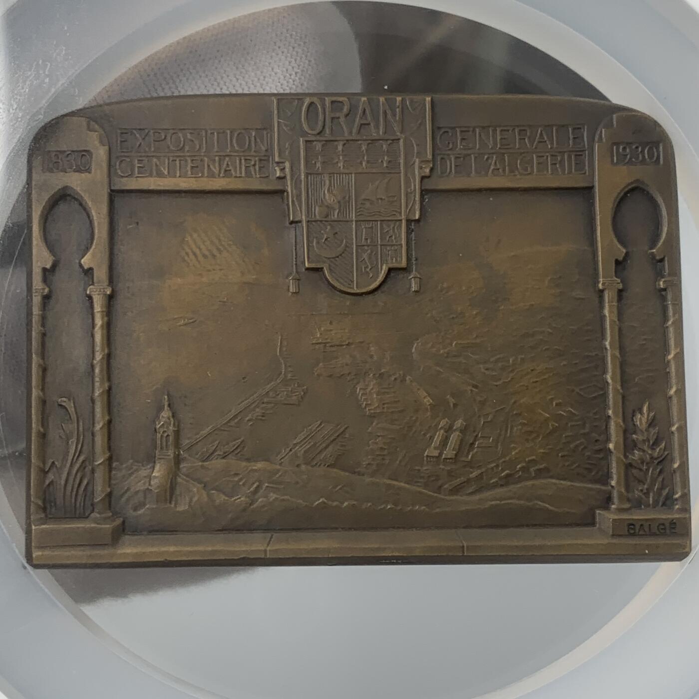 掌中浮雕-藏着的欧洲第052场 NGC MS64 ：1930年法国殖民阿尔及利亚百年综合展大铜章，50 X 70mm，稀少！