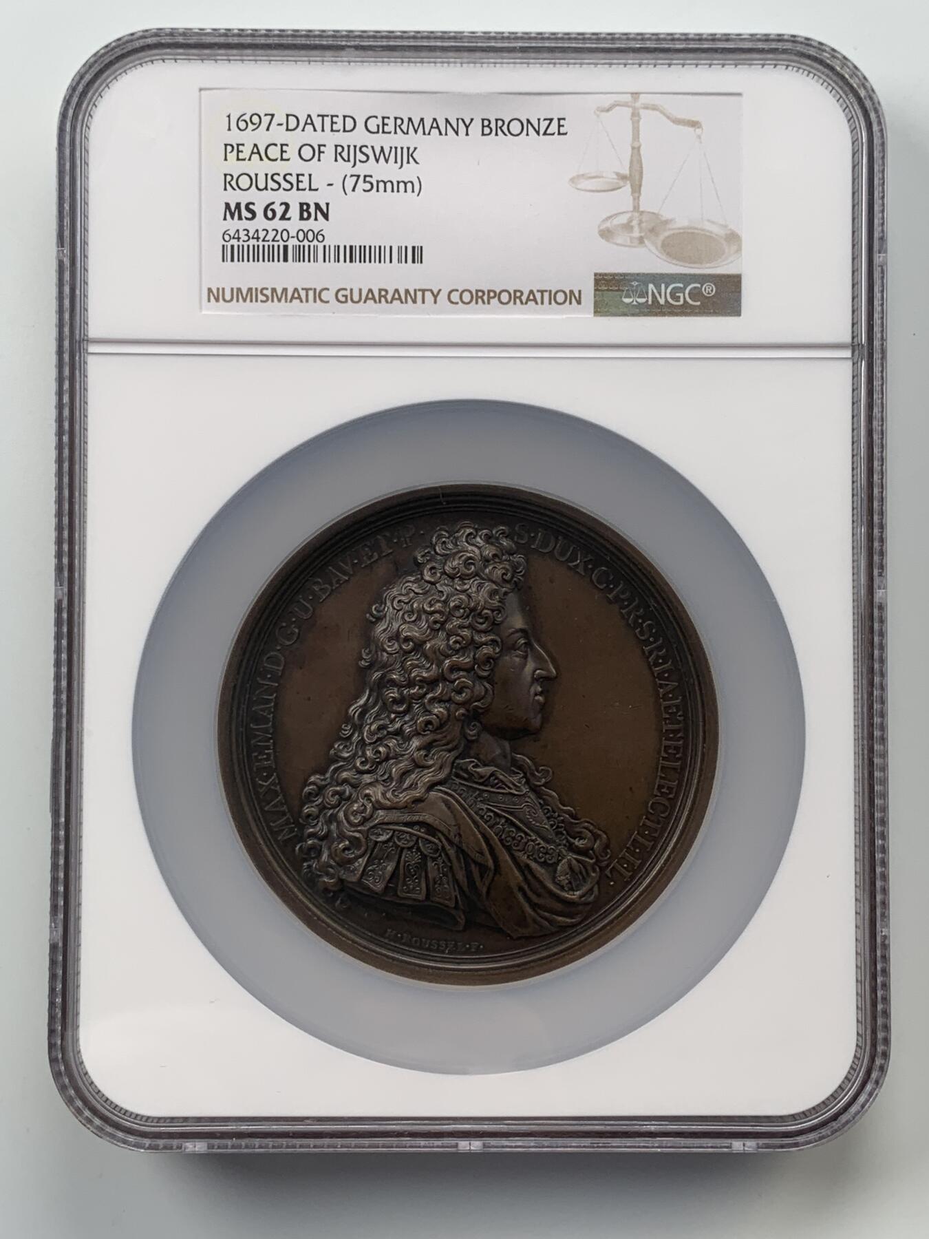 掌中浮雕-藏着的欧洲第052场 NGC MS62 : 1697年尼德兰九年战争里斯维克条约原铸大铜章，75mm