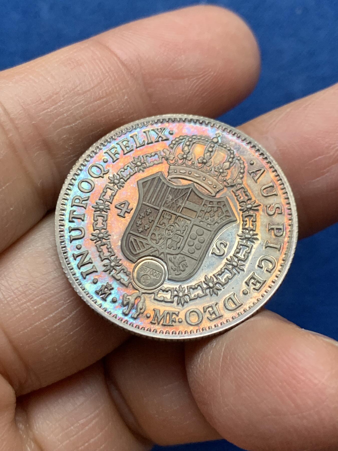 《竞宝斋》第464场 周日，周一，周二，3场连拍 （全场包邮）欢迎送拍 西班牙 复刻卡三4里亚尔银币 极美自然氧化包浆 9.85克