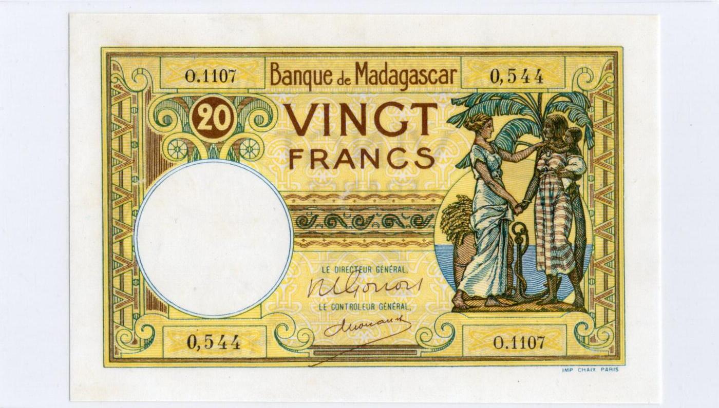 徐霞客拍卖首拍 马达加斯加	P-37 1937年20法郎	O.1107 0544	au 	发行于殖民至独立过渡阶段，是当时流通的法定货币。它融合了殖民风格与本土文化的设计，见证了货币体系从殖民管控向自主发行的演变，是研究该地区金融转型与社会风貌的实物佐证。其收藏价值源于存世量稀少，兼具历史研究价值与稀缺性，是近代货币收藏体系中的代表性品种。		