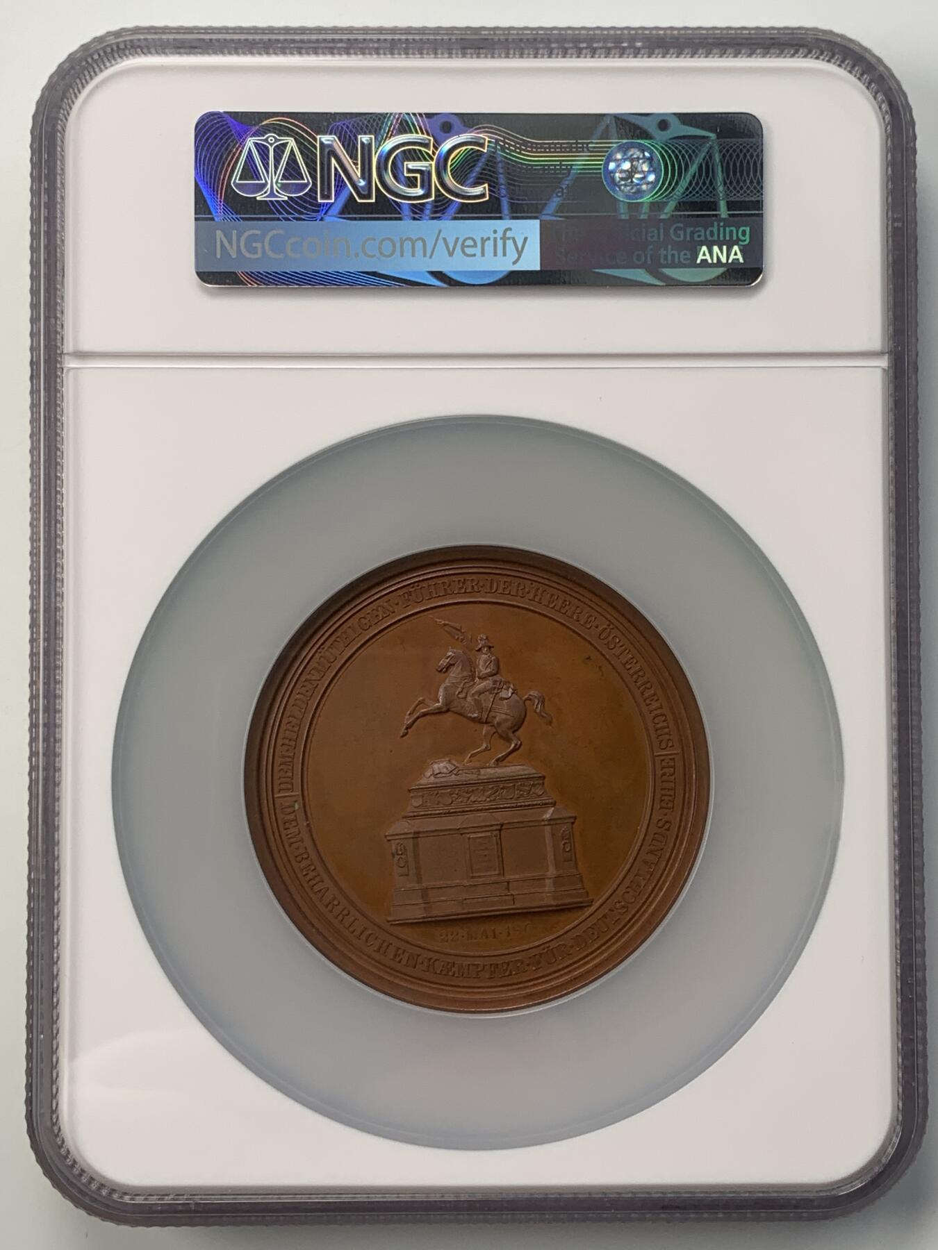掌中浮雕-藏着的欧洲第052场 NGC MS62 : 1860年奥匈帝国卡尔大公纪念碑揭幕铜章，65mm