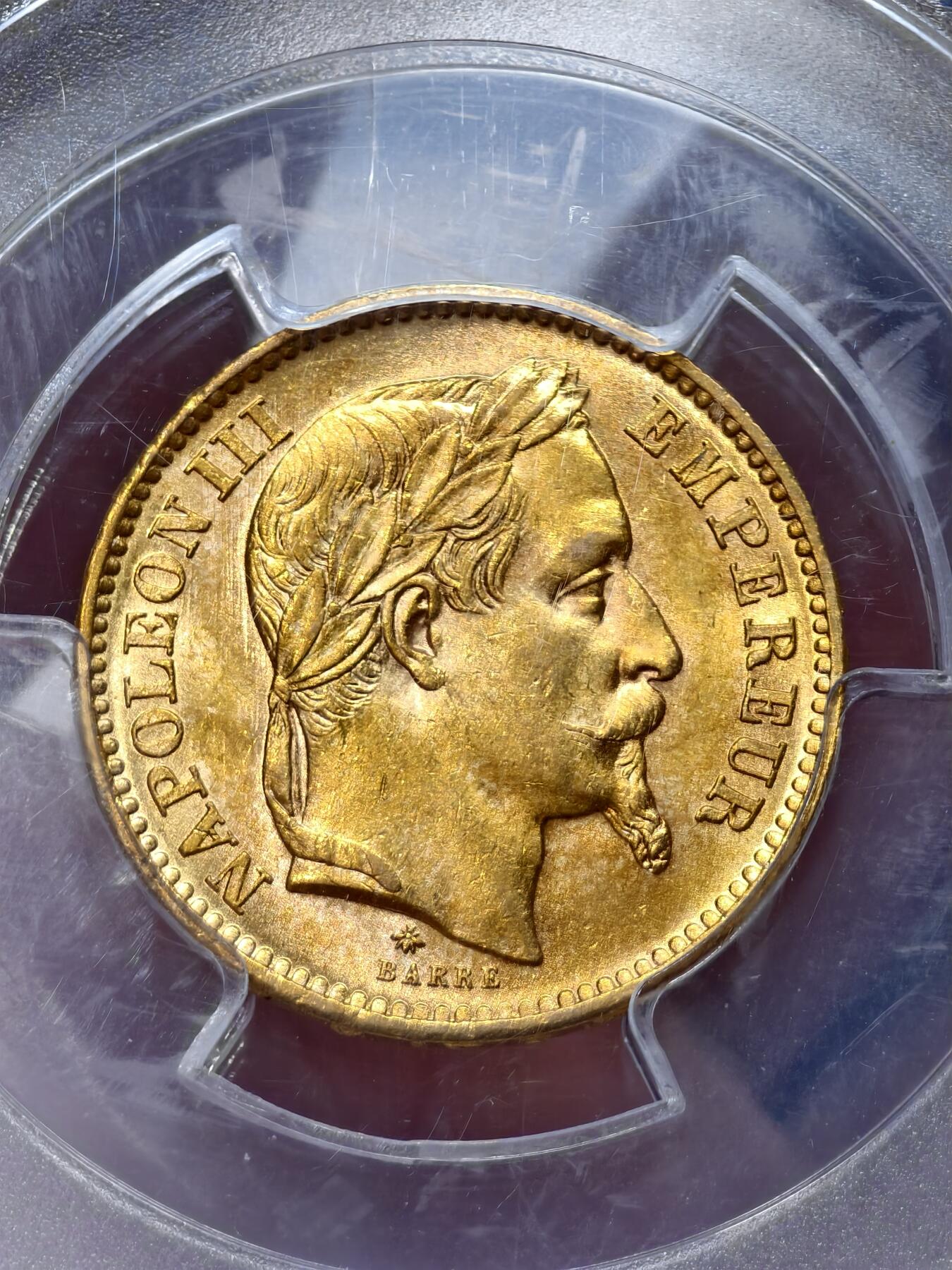 PCGS-MS64法国1868年拿破仑三世皇帝版20法郎金币