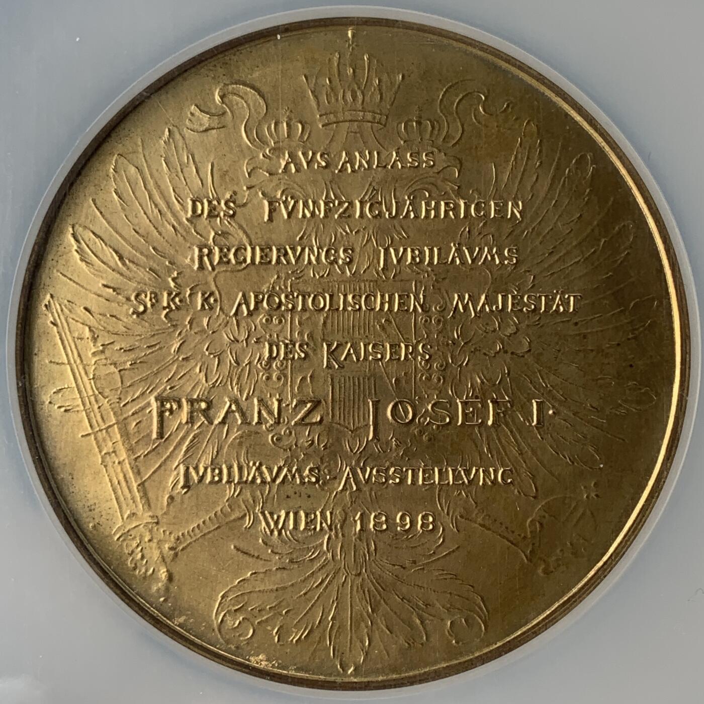 掌中浮雕-藏着的欧洲第052场 NGC MS64 : 1898年奥地利皇帝弗兰茨•约瑟夫一世登基50周年&奥地利农业博览会纪念镀金铜章，63mm