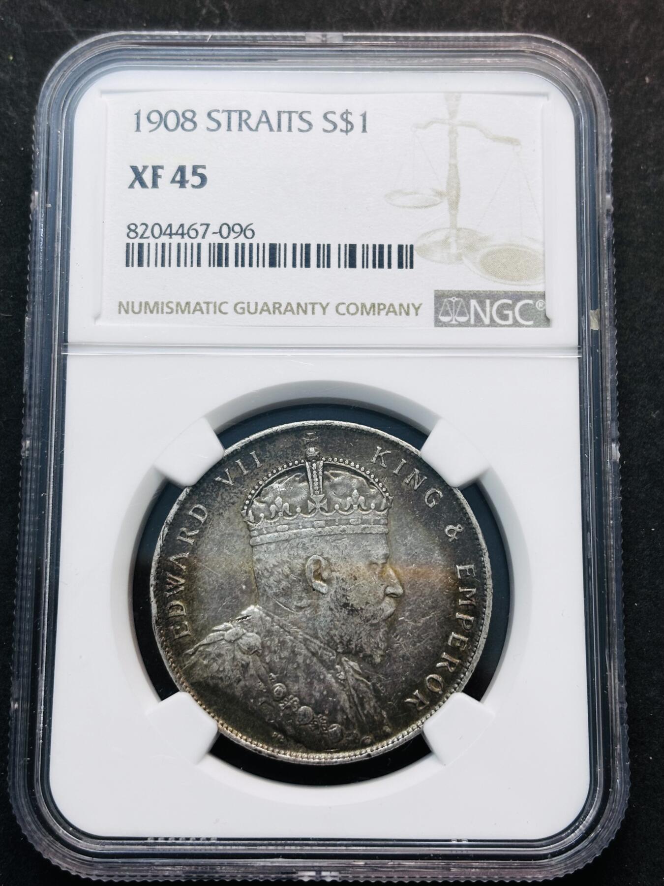【金马踏春，泉马奔腾】2026 年新年贺岁场，（定于年初五接财神截拍）祝各位老板马到成功，马上有钱，愿岁岁平安喜乐顺遂 1908 年英属海峡殖民地爱德华七世一元银元 NGC 评级 XF45 分，原汁原味流通包浆，本身发行年份也不多，一直受到众多藏友追捧热门品种