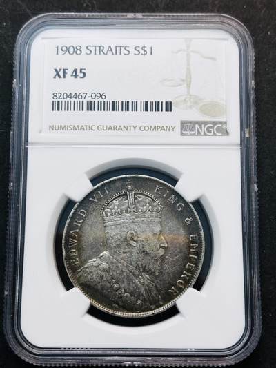 【金马踏春，泉马奔腾】2026 年新年贺岁场，（定于年初五接财神截拍）祝各位老板马到成功，马上有钱，愿岁岁平安喜乐顺遂 - 1908 年英属海峡殖民地爱德华七世一元银元 NGC 评级 XF45 分，原汁原味流通包浆，本身发行年份也不多，一直受到众多藏友追捧热门品种