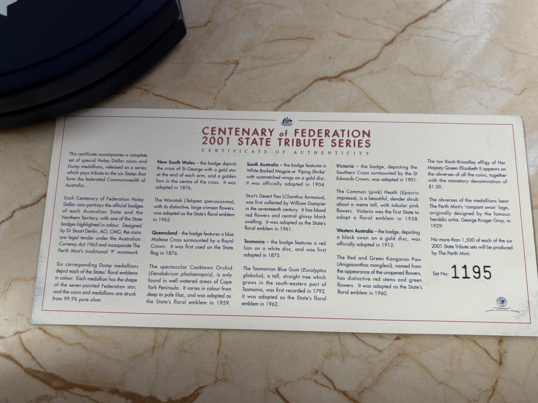 第190期拍卖 澳大利亚2001年1澳元X6精制彩色子母银套币 澳大利亚百年联邦州纪念-各州花卉 999银1盎司X6 发行量：1500 盒证全（盒坏）