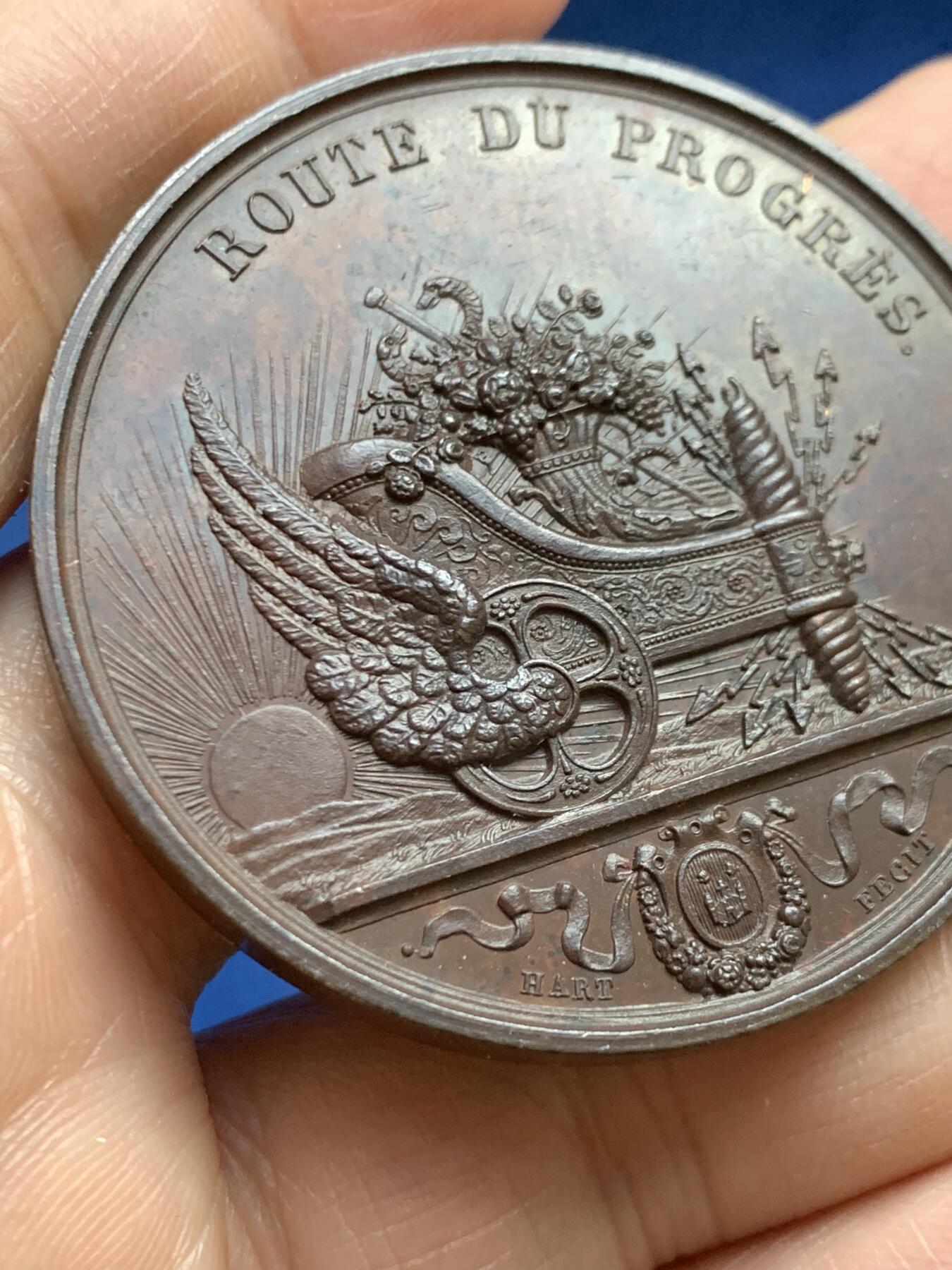 《竞宝斋》第465场 周日，周一，周二，3场连拍 （全场包邮）欢迎送拍 比利时1836年布鲁塞尔-梅赫伦铁路正式通车纪念铜章，49.05g，49.5mm