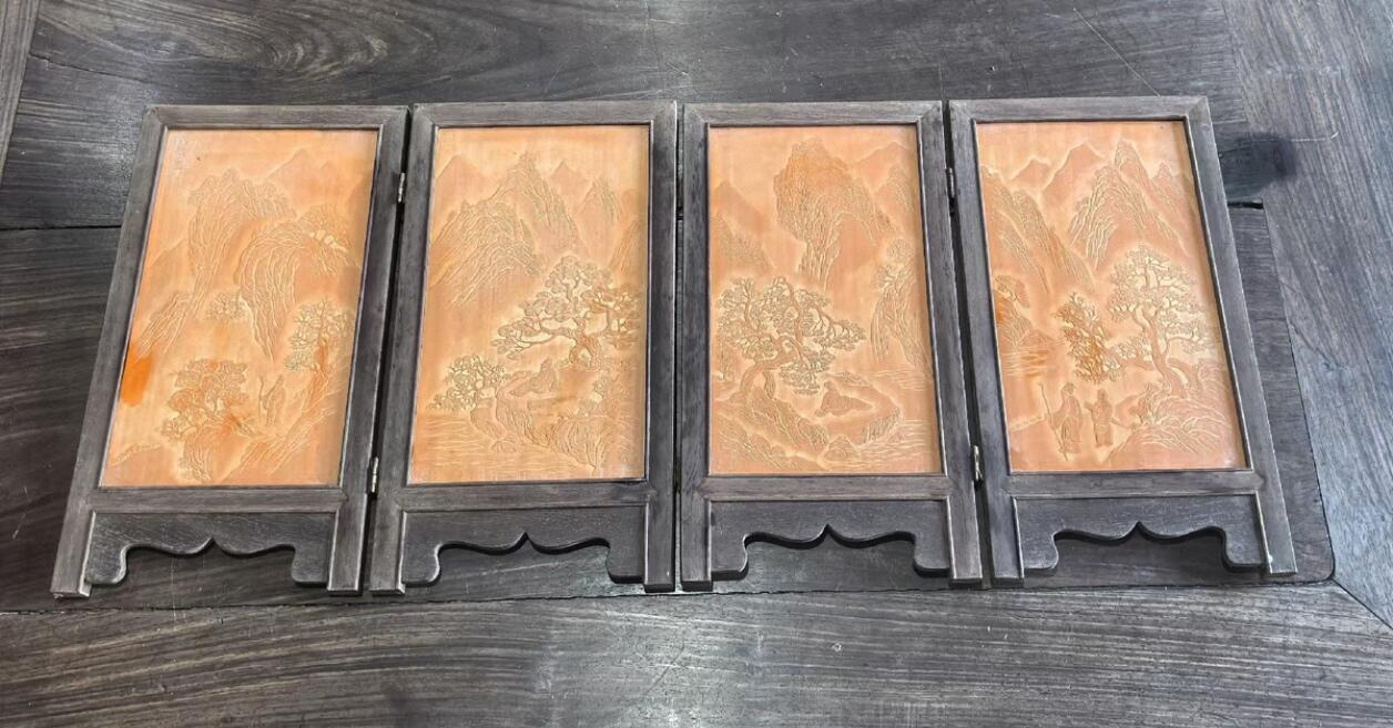 兰馨堂竹雕专场 老红木竹黄风景人物屏风摆件装饰品