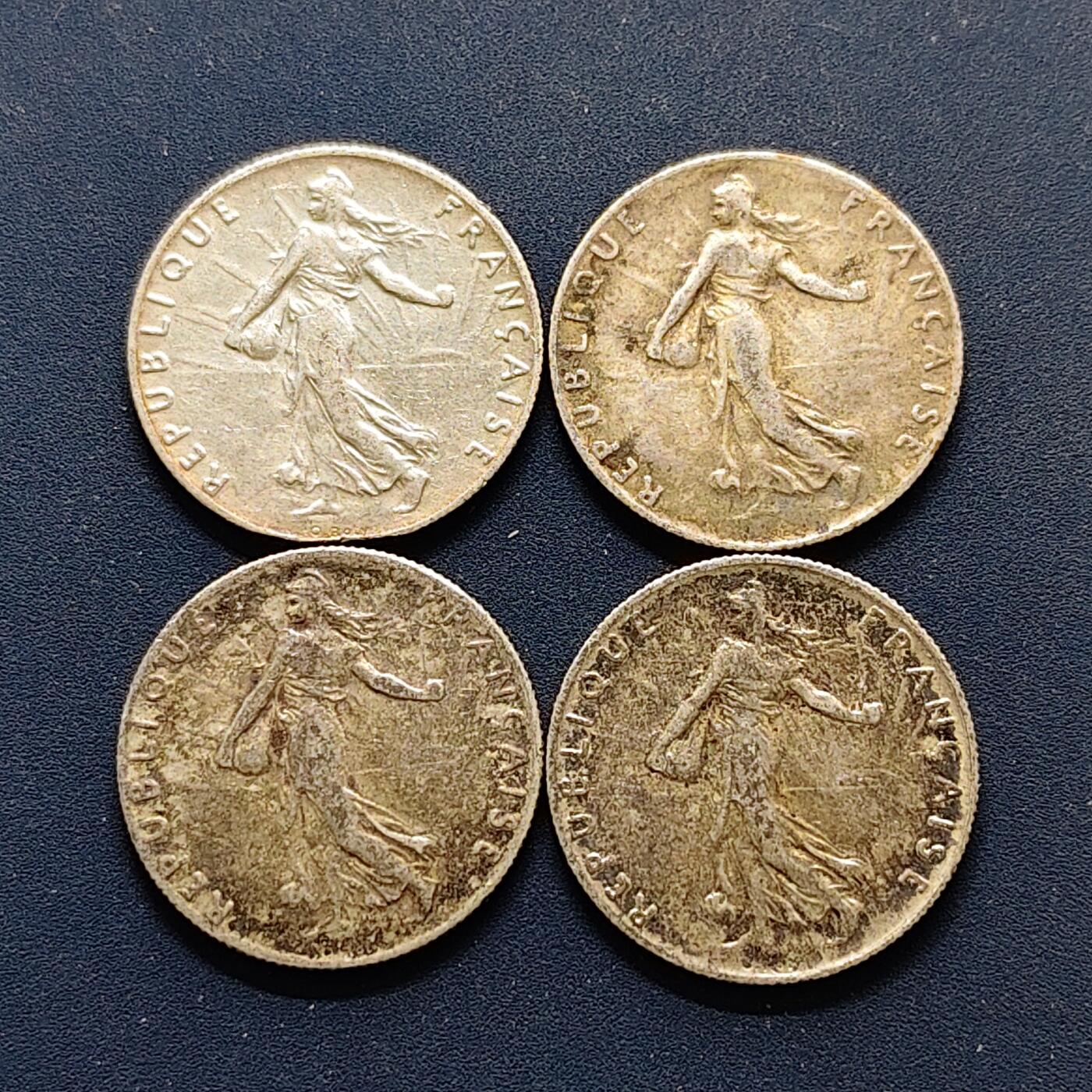 【全场包邮】纯粹捡漏拍500场-持续更新中 法国1916-1917年播种女神50分银币4枚一组【18.1毫米2.5克83.5%】