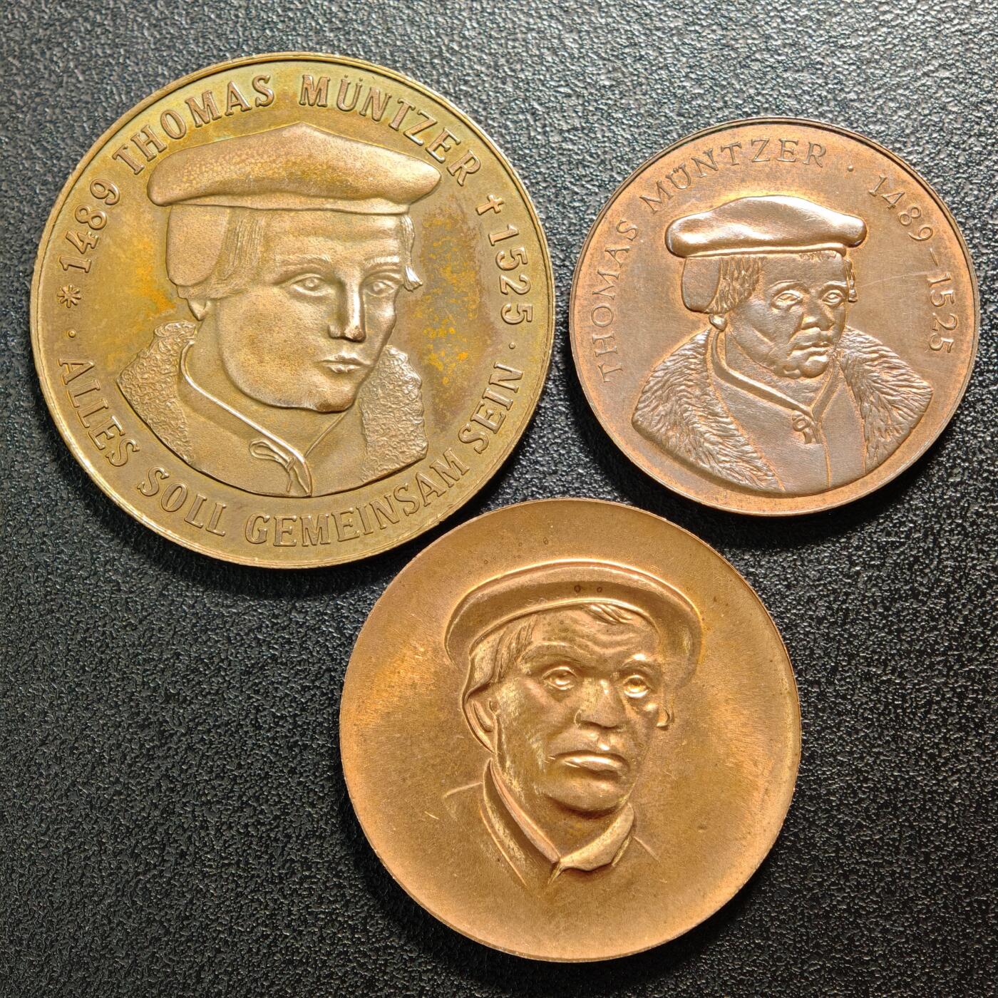 【德藏】世界币章拍卖第164期（拍品征集中~欢迎藏友联系） 3枚一组 1975年 德国平民宗教改革家托马斯·闵采尔纪念铜章 详细尺寸请看拍品介绍