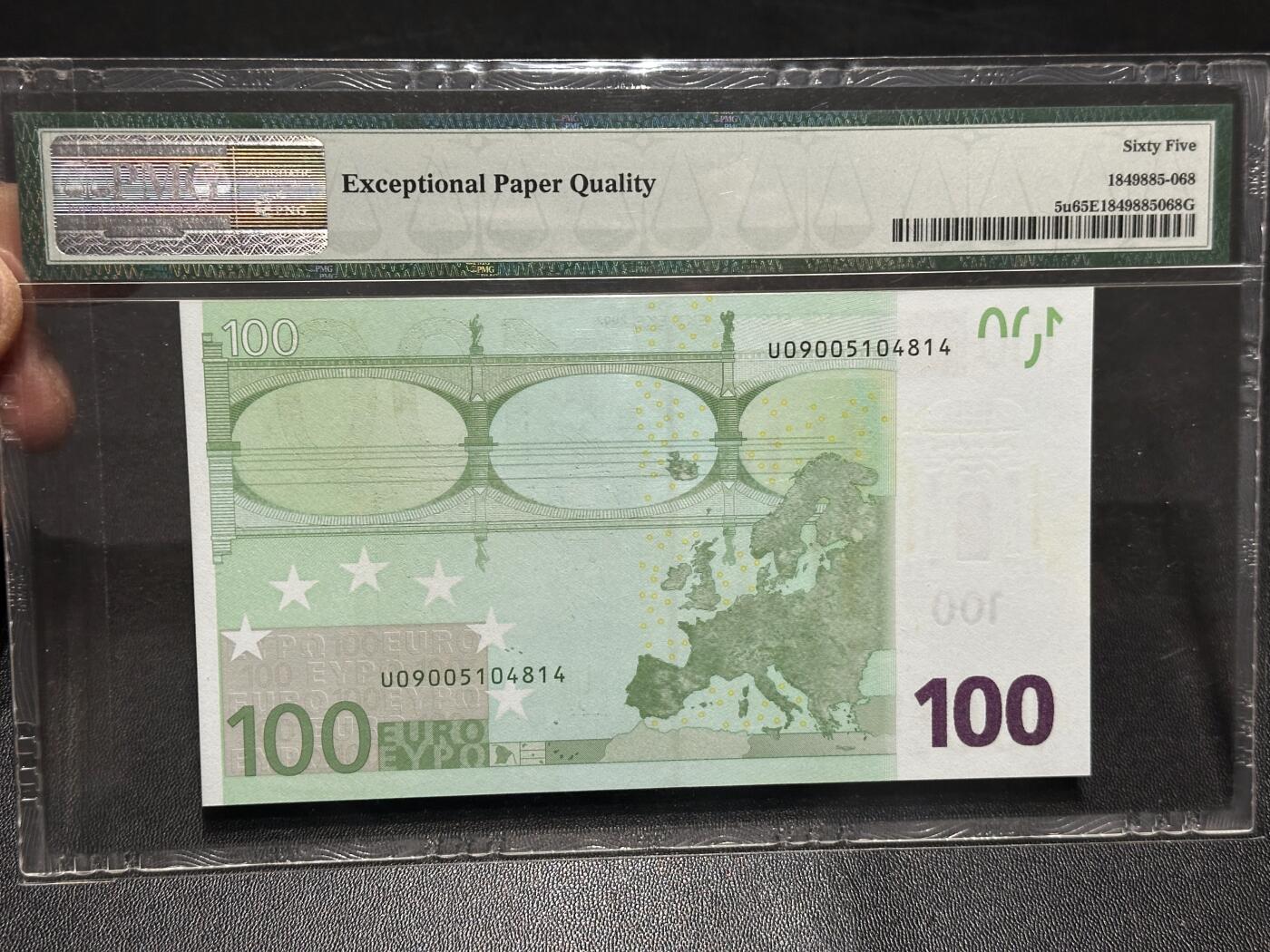 《外钞收藏家》第六百零八期（精选场）（本平台长期征集拍品、欢迎藏友们联系合作） 2002年 一签100欧元 PMG65 法国版