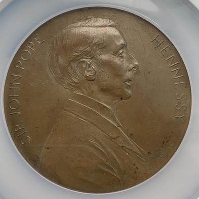 掌中浮雕-藏着的欧洲第052场 - NGC MS63 : 1888年法属毛里求斯约翰•波普•轩尼诗爵士纪念铜章 ，69mm，此枚章正反面皆有雕刻家Roty签字，稀少！  ——致敬毛里求斯约翰•波普•轩尼诗爵士，雕刻家：1889年法国巴黎世博会特等奖获得者Oscar Roty