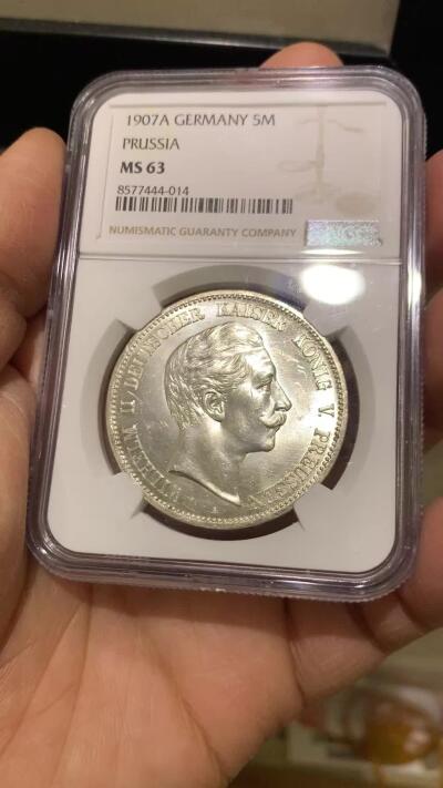《竞宝斋》第464场 周日，周一，周二，3场连拍 （全场包邮）欢迎送拍 NGC MS63 德国 1907A 普鲁士 威廉二世皇帝 5马克 银币 好品相数量稀少，底板很美