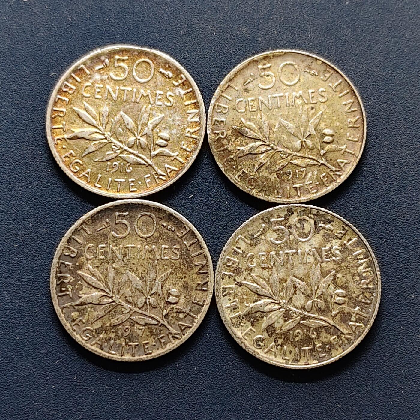 【全场包邮】纯粹捡漏拍500场-持续更新中 法国1916-1917年播种女神50分银币4枚一组【18.1毫米2.5克83.5%】