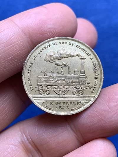 《竞宝斋》第465场 周日，周一，周二，3场连拍 （全场包邮）欢迎送拍 - 比利时-莱南省1843年国际铁路开通纪念镀金铜章，6.49g，27mm