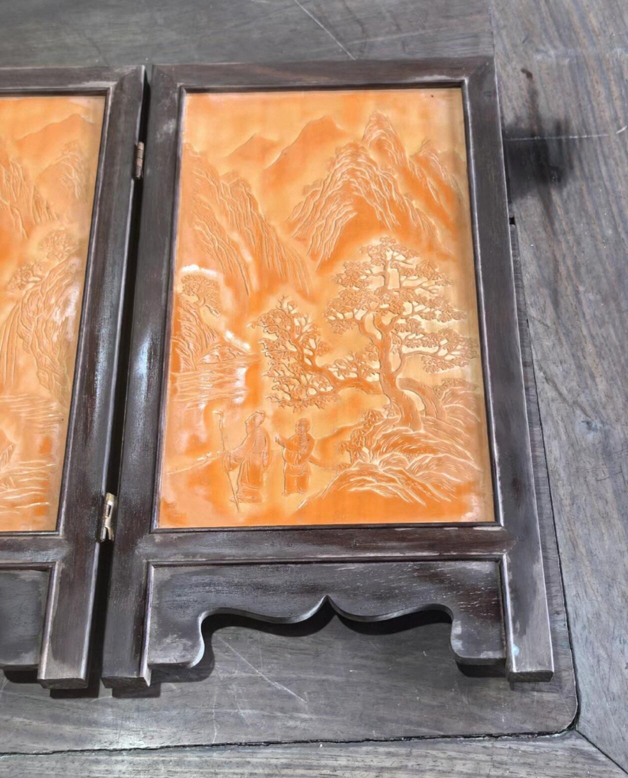 兰馨堂竹雕专场 老红木竹黄风景人物屏风摆件装饰品