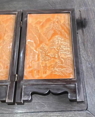 老红木竹黄风景人物屏风摆件装饰品