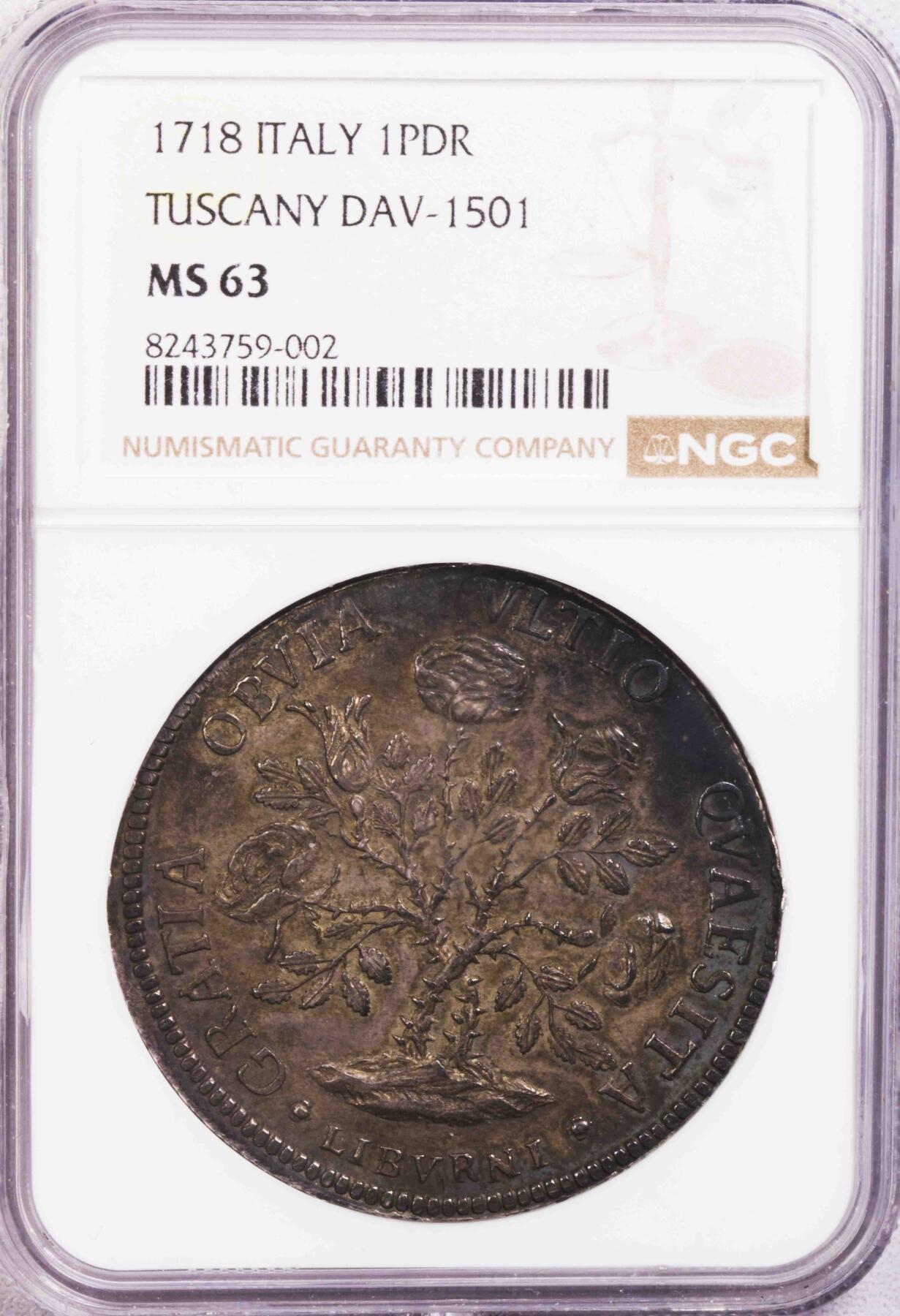 NGC-MS63 1718意大利利沃美第奇家族野玫瑰大银币 冠军分
