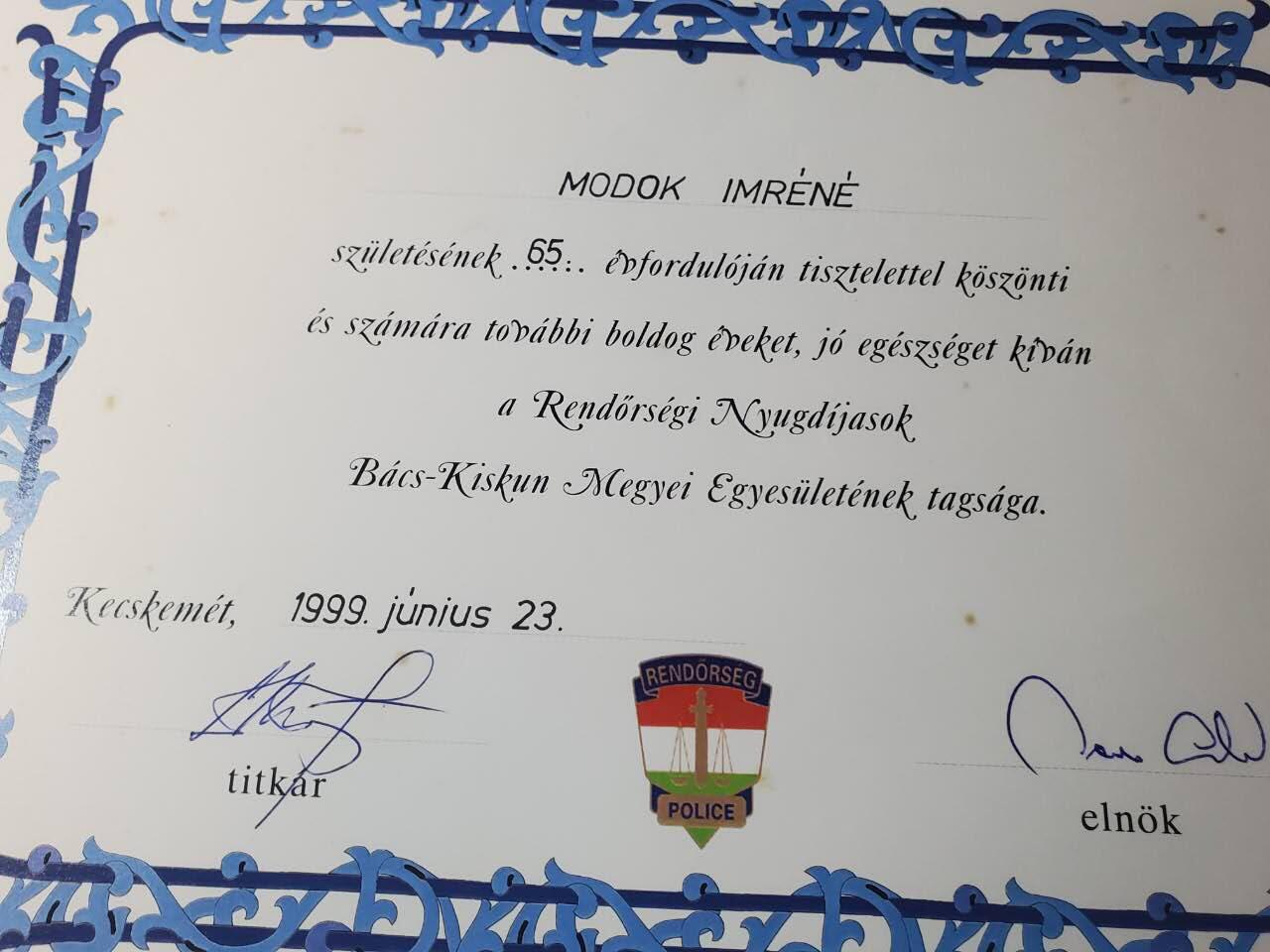 韵星假日军品类拍卖第三十九期暨默多克中校夫妇专场 -- Rimey Holidays Militaria Auction 39 & The Modoks Collection  匈牙利共和国默多克夫人65、70、75、80生日推绣警察荣誉协会感谢祝贺信一组四张