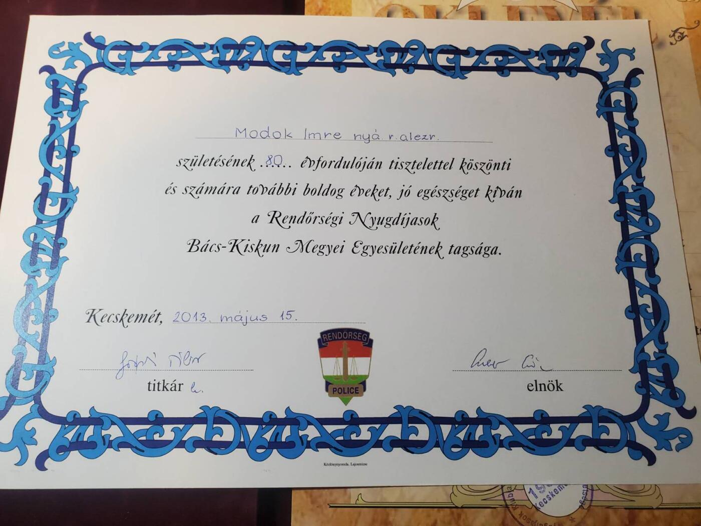 韵星假日军品类拍卖第三十九期暨默多克中校夫妇专场 -- Rimey Holidays Militaria Auction 39 & The Modoks Collection  匈牙利共和国（89-2013），匈牙利默多克中校市政府服务优秀大证书 警察总局贺信