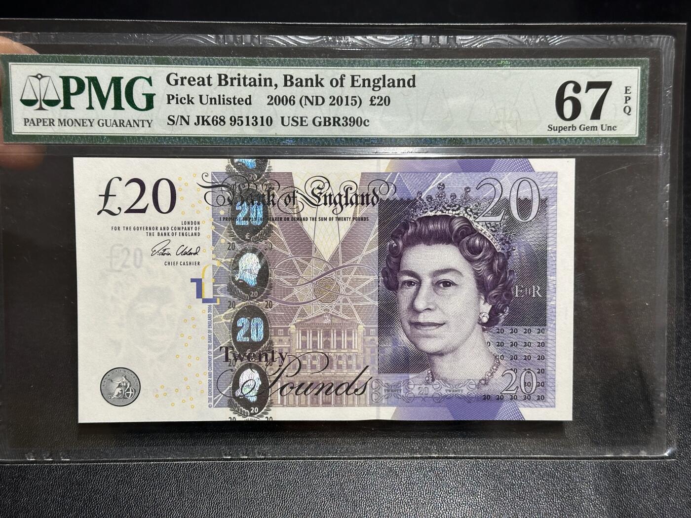 《外钞收藏家》第六百零八期（精选场）（本平台长期征集拍品、欢迎藏友们联系合作） 2006年英国F序列20镑 PMG67 无47