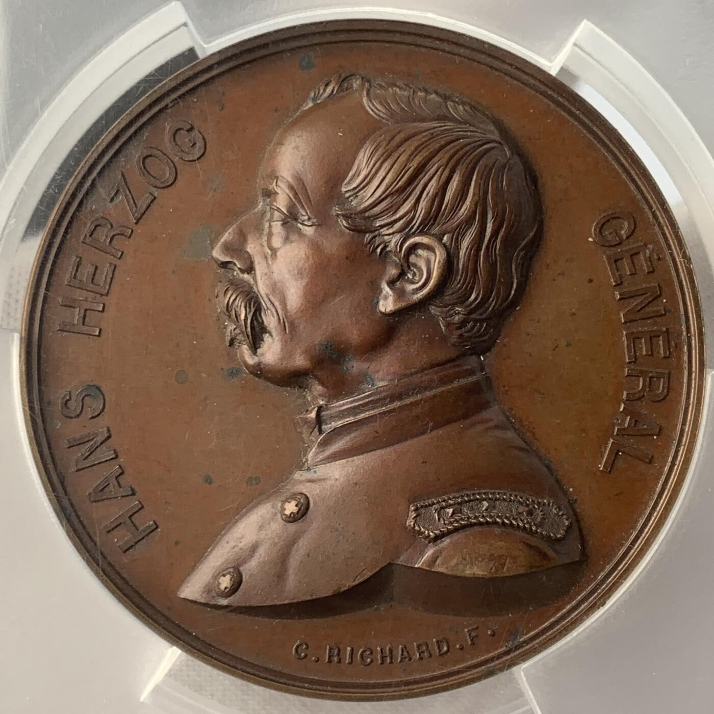 掌中浮雕-藏着的欧洲第052场 PCGS SP63 : 1871年瑞士联邦军在普法战争中保持中立，正面为汉斯·赫尔佐格将军头像 , 50mm