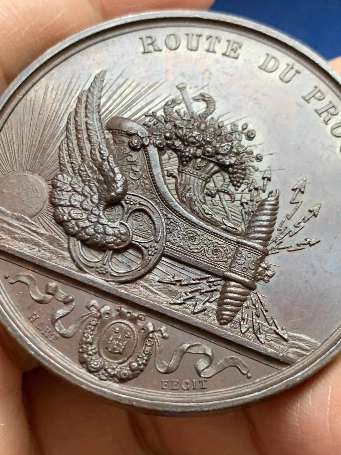 《竞宝斋》第465场 周日，周一，周二，3场连拍 （全场包邮）欢迎送拍 比利时1836年布鲁塞尔-梅赫伦铁路正式通车纪念铜章，49.05g，49.5mm