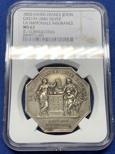 《竞宝斋》第465场 周日，周一，周二，3场连拍 （全场包邮）欢迎送拍 - NGC MS63 法国人寿保险公司八角银质jeton 丰饶角边铭