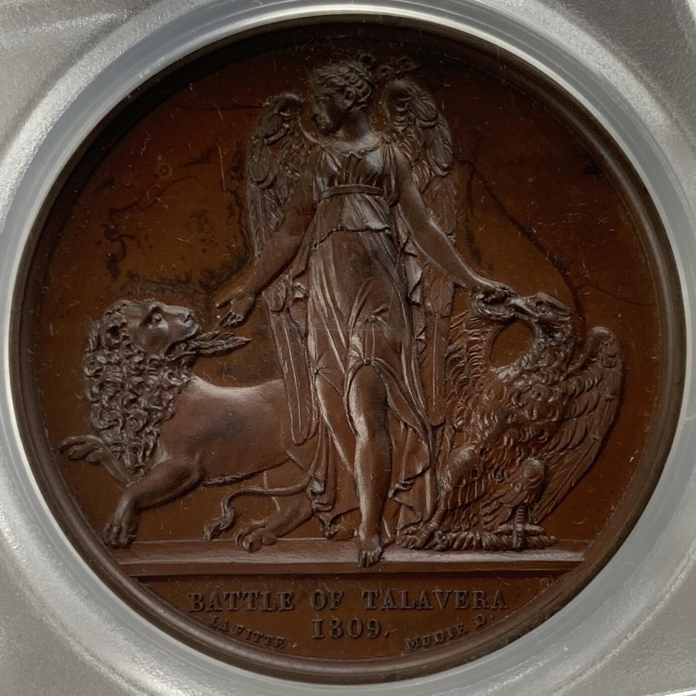 掌中浮雕-藏着的欧洲第052场 PCGS PR64  : 1809年英国惠灵顿公爵塔拉维拉战役胜利纪念铜章 , 41mm, 盒子有裂，不影响密封