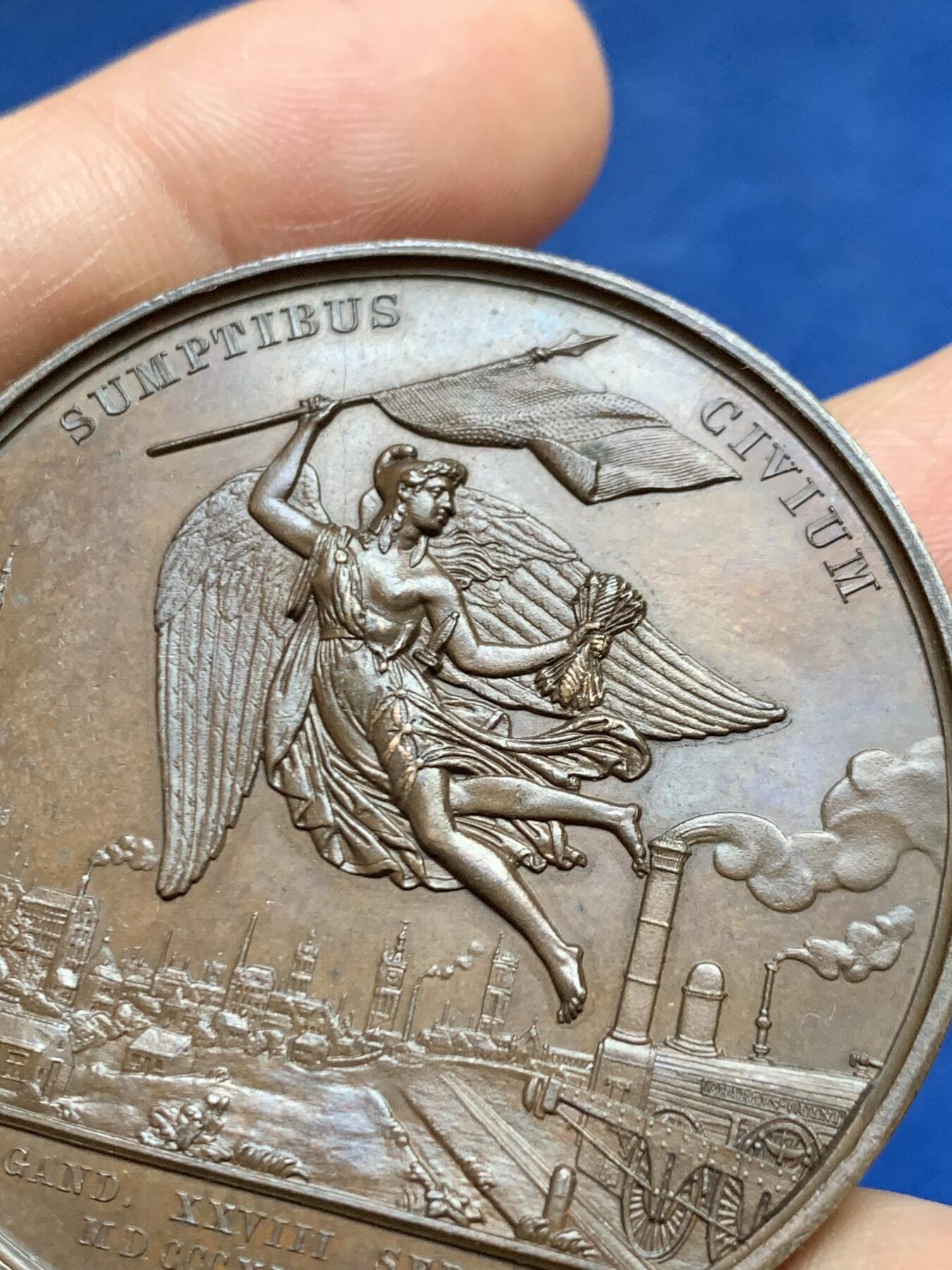 《竞宝斋》第465场 周日，周一，周二，3场连拍 （全场包邮）欢迎送拍 比利时1837年纪念根特至登德尔蒙德铁路开通铜章，利奥波德一世头像，42.9g，49.2mm