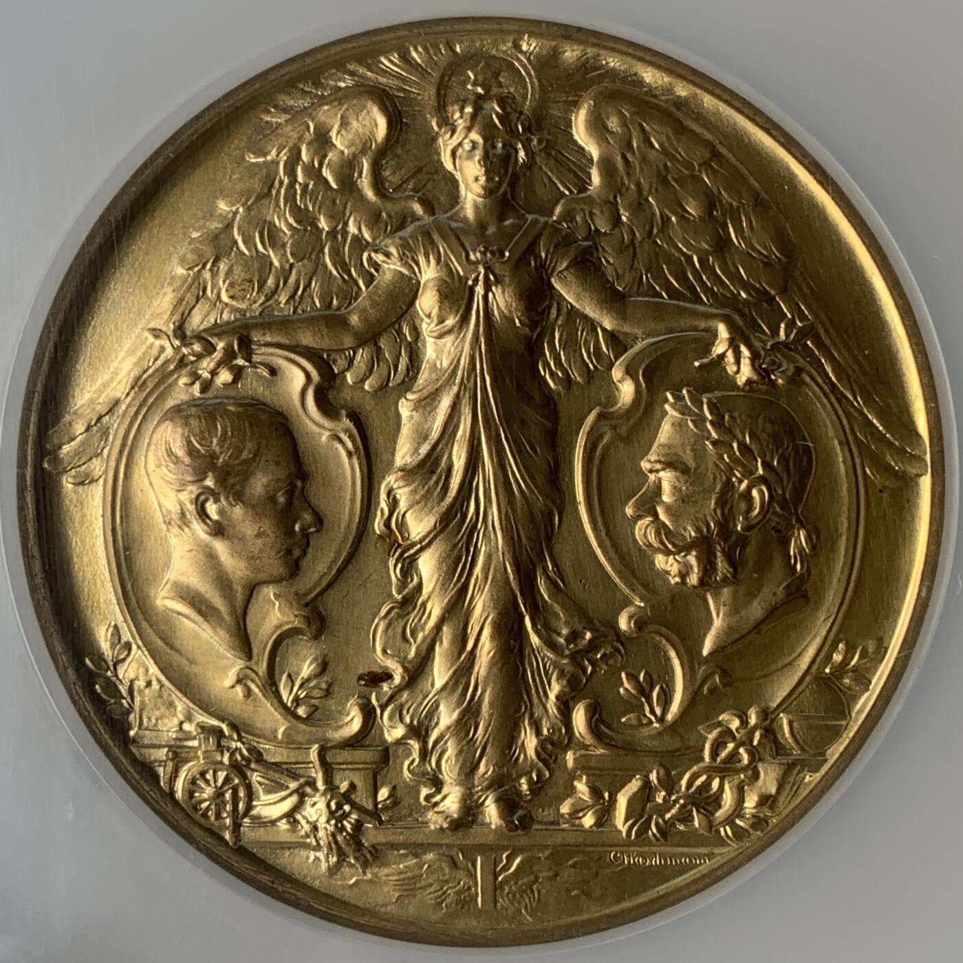 掌中浮雕-藏着的欧洲第052场 NGC MS64 : 1898年奥地利皇帝弗兰茨•约瑟夫一世登基50周年&奥地利农业博览会纪念镀金铜章，63mm