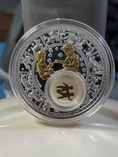 第190期拍卖 - 白俄罗斯2013年20卢布部分镀金精制银币 十二星座-双子座 28.28克925银 发行量：1万 盒证全