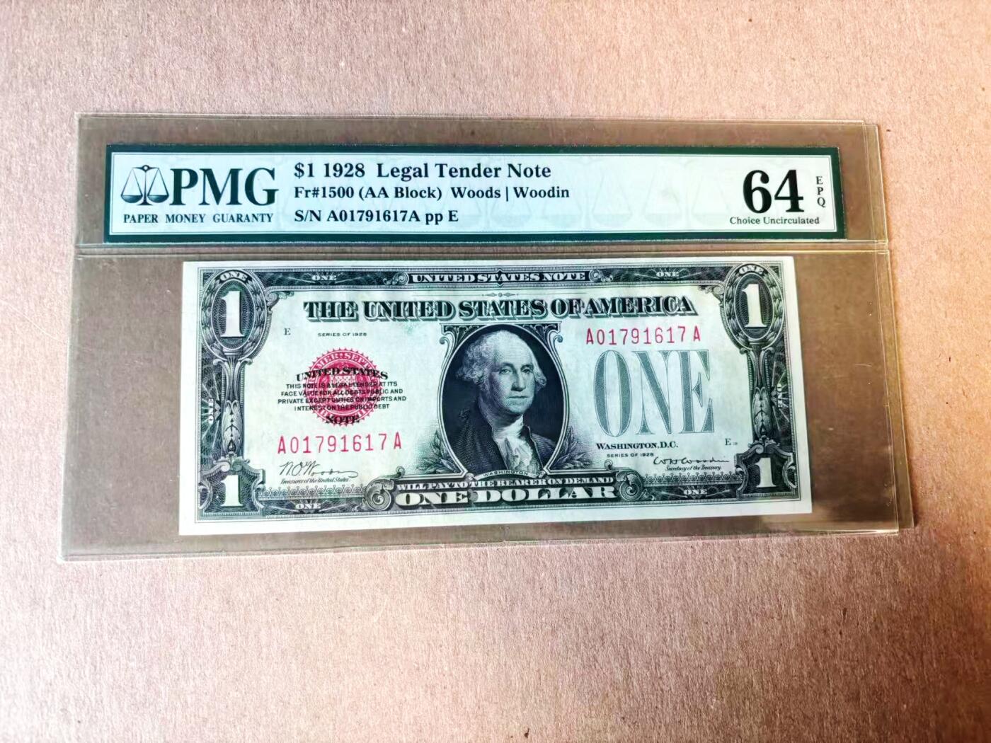【Blue Auction】世界纸币精拍第782期——18级TOP拍卖/信誉/品质/专业/高效💫 【AA冠 背标Great Embossing】美国 1928年1美金 红库印 PMG64EPQ 