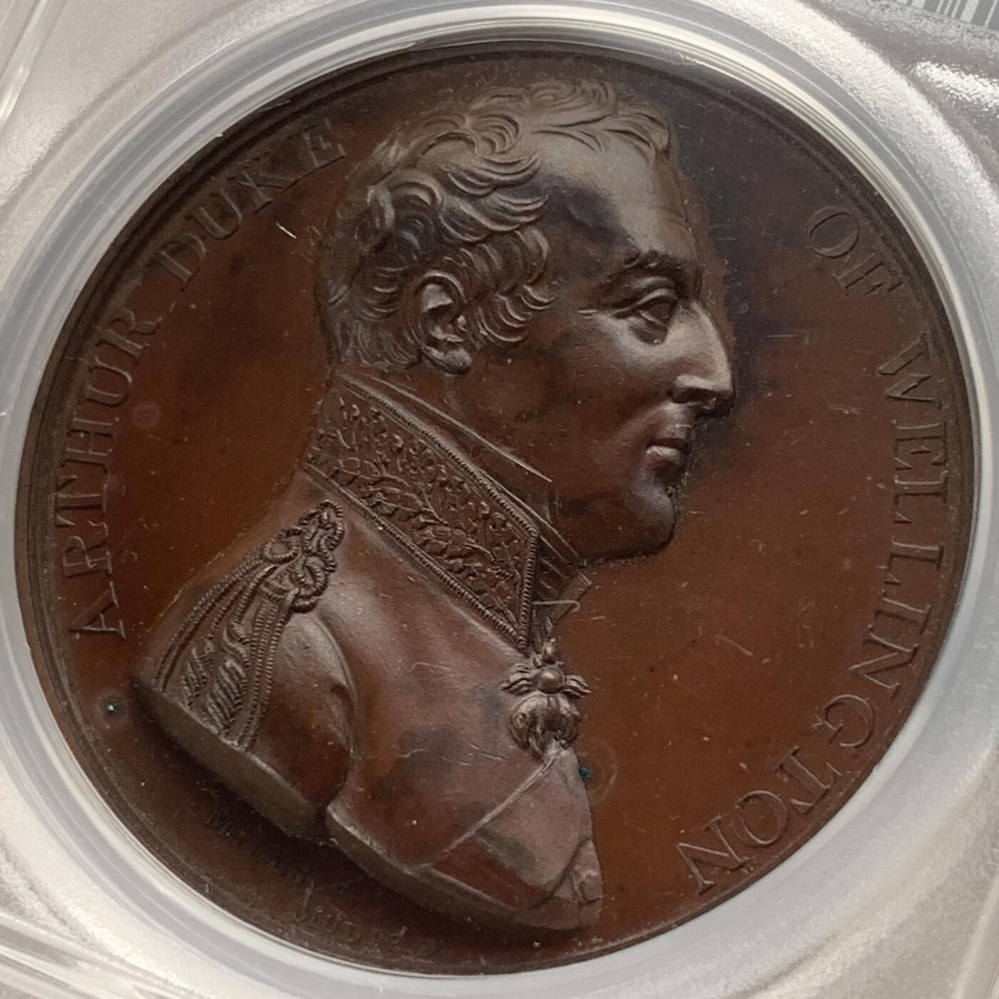 掌中浮雕-藏着的欧洲第052场 PCGS PR64  : 1809年英国惠灵顿公爵塔拉维拉战役胜利纪念铜章 , 41mm, 盒子有裂，不影响密封