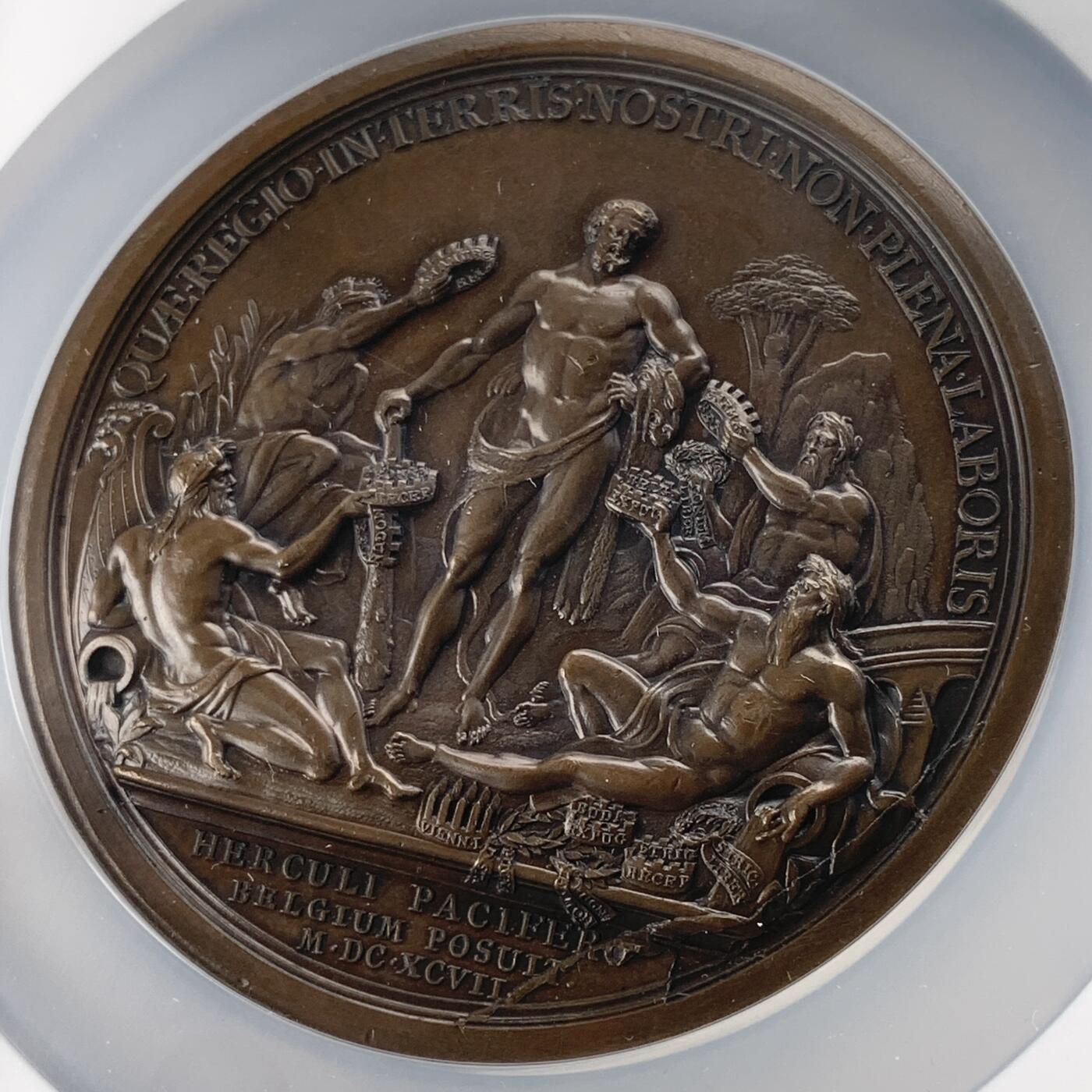 掌中浮雕-藏着的欧洲第052场 NGC MS62 : 1697年尼德兰九年战争里斯维克条约原铸大铜章，75mm