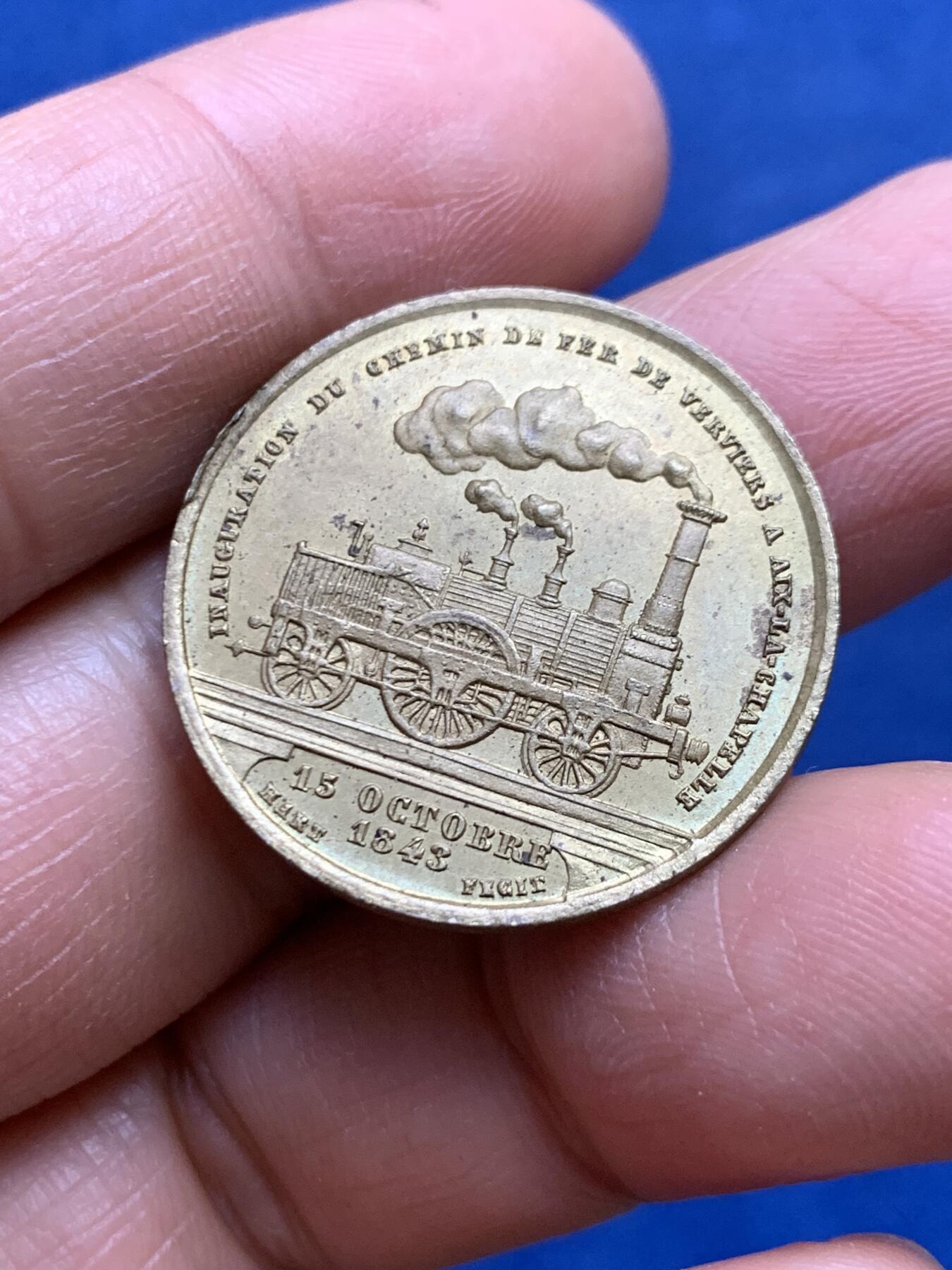 《竞宝斋》第465场 周日，周一，周二，3场连拍 （全场包邮）欢迎送拍 比利时-莱南省1843年国际铁路开通纪念镀金铜章，6.49g，27mm