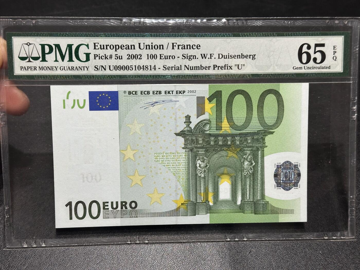 《外钞收藏家》第六百零八期（精选场）（本平台长期征集拍品、欢迎藏友们联系合作） 2002年 一签100欧元 PMG65 法国版