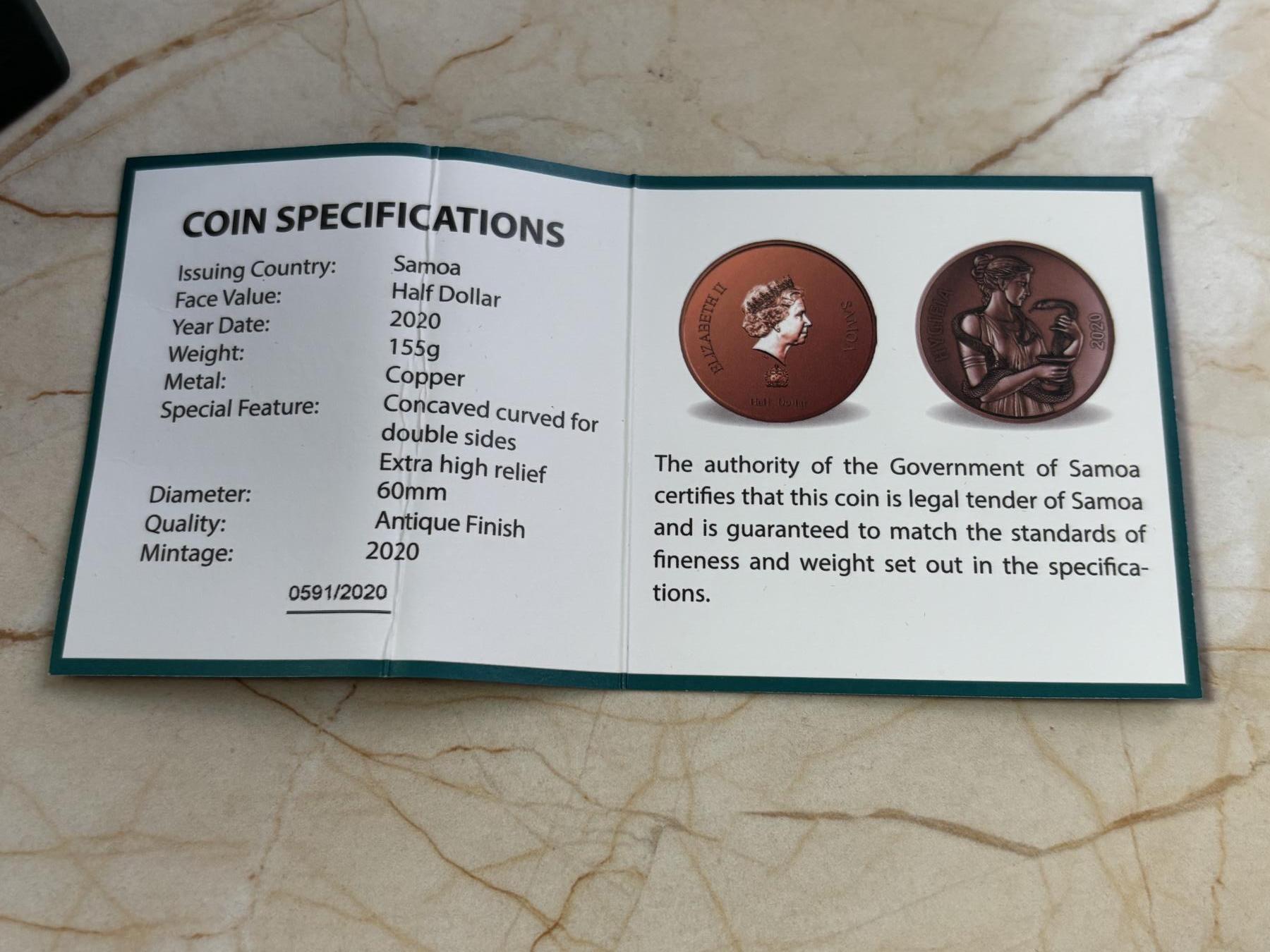 第190期拍卖 萨摩亚2020年半元仿古凹面铜币 海吉雅-健康与卫生的女神，其名称是英语