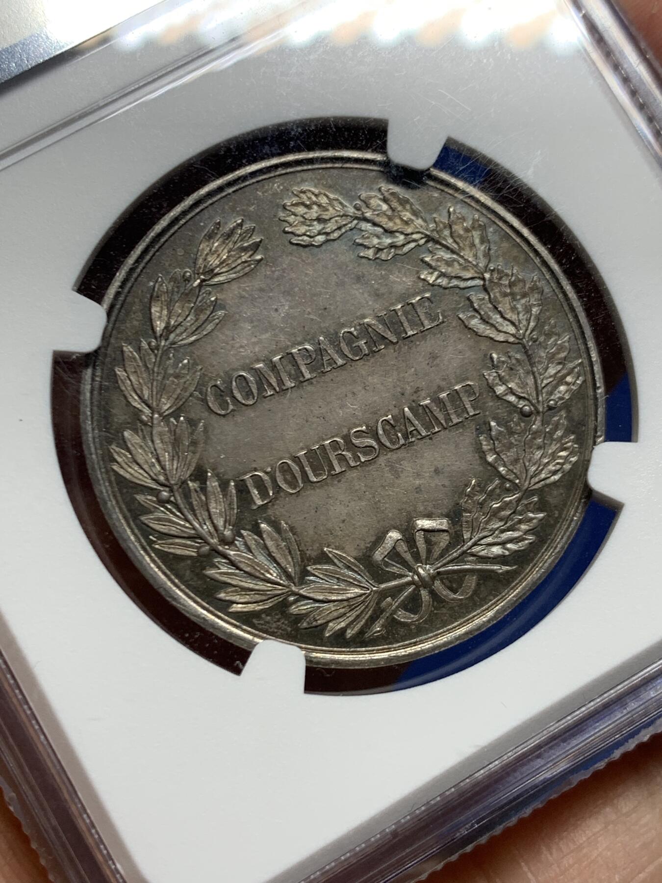 《竞宝斋》第465场 周日，周一，周二，3场连拍 （全场包邮）欢迎送拍 NGC MS62 法国“八角熊”同款“圆形熊”银质代币，罕见品种，深彩包浆，手指边铭，直径：34mm