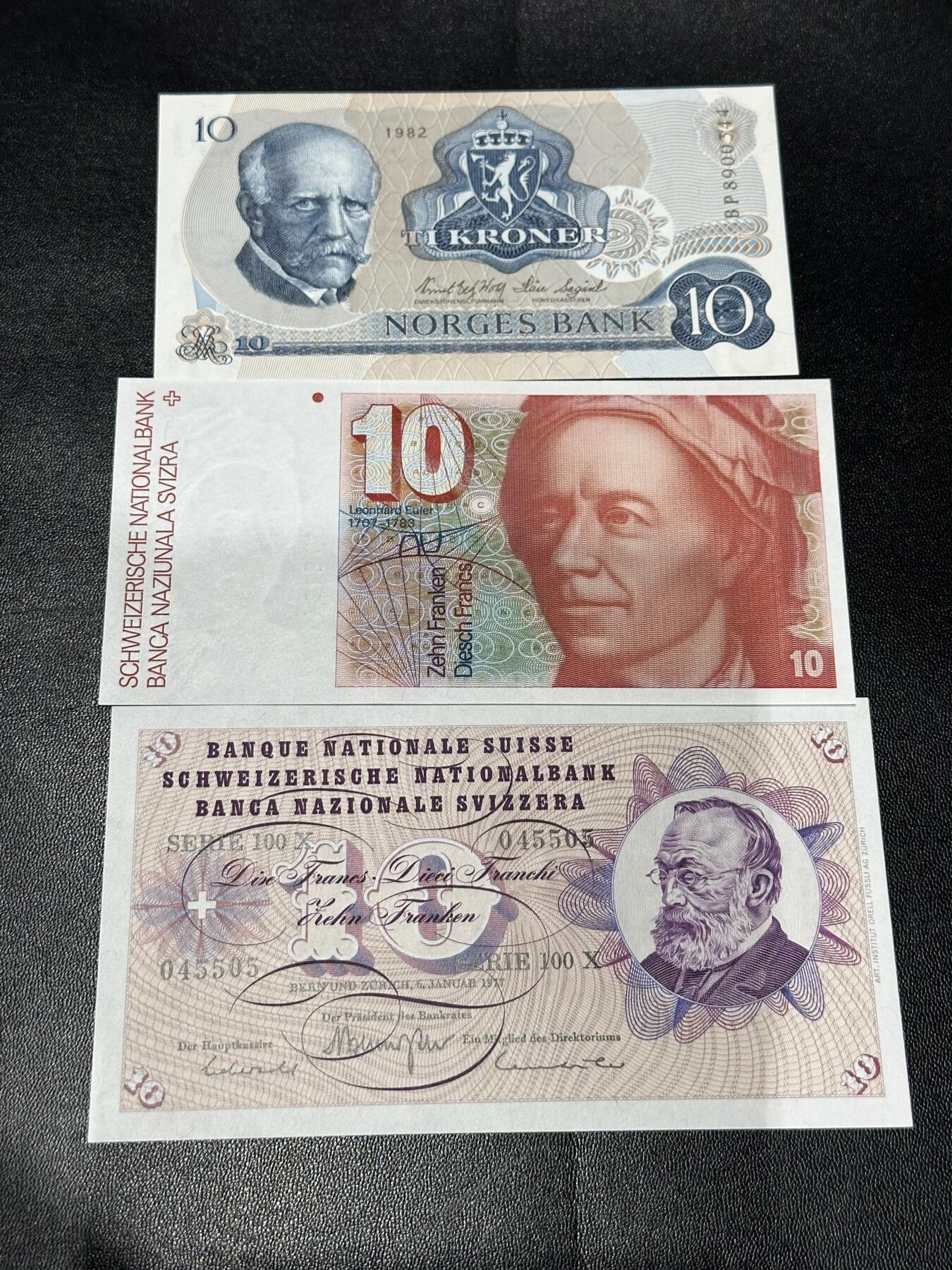 《外钞收藏家》第六百零八期（精选场）（本平台长期征集拍品、欢迎藏友们联系合作） 挪威10克朗+瑞士10法郎2个版 一起 全新UNC