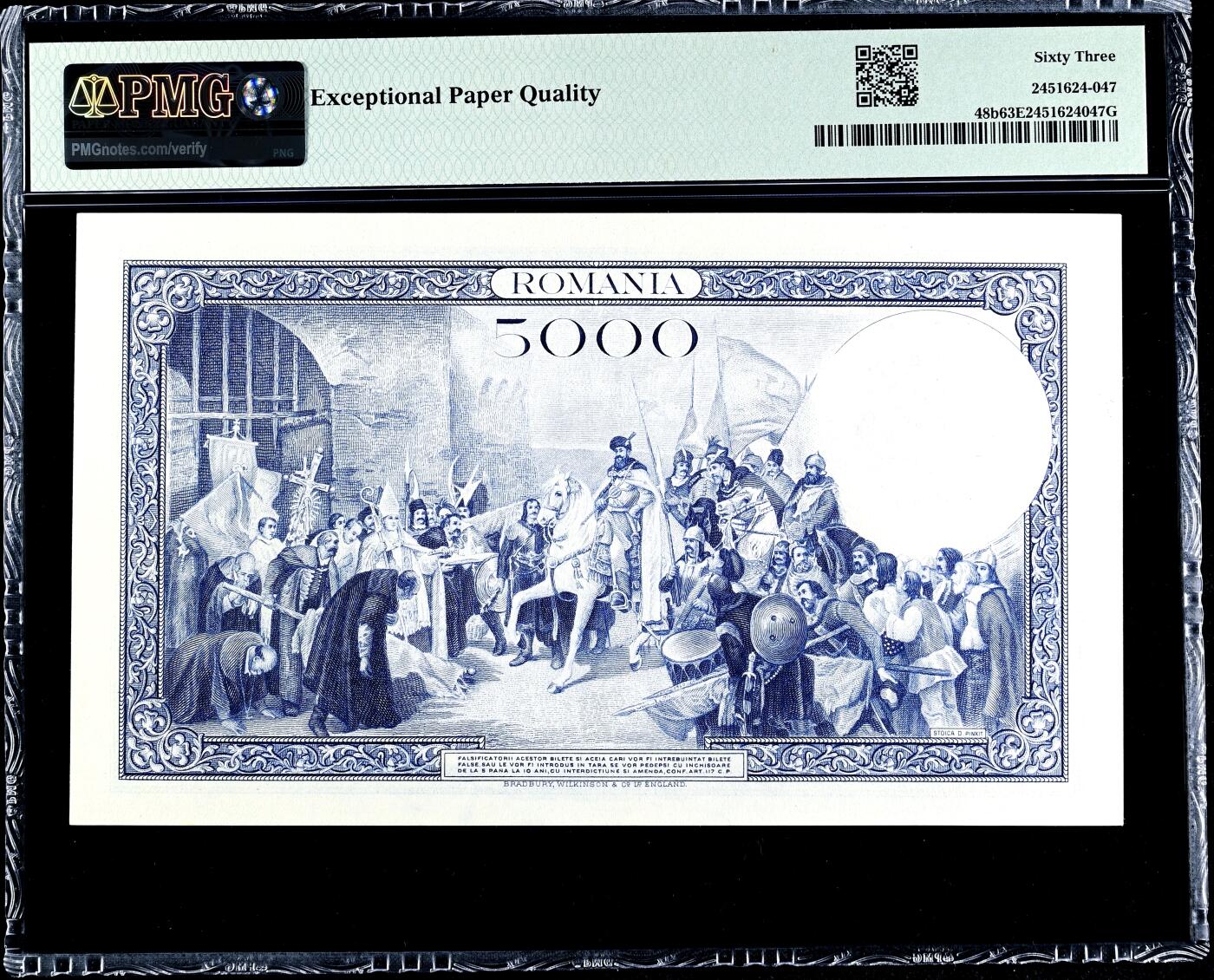 【Blue Auction】世界纸币精拍第782期——18级TOP拍卖/信誉/品质/专业/高效💫 【升值品种 I/1冠】罗马尼亚 1940年5000雷 BWC出品 大场景雕刻非常漂亮 正面：国王Carol II 背面：Michael the Brave 进入卡尔斯堡要塞 PMG63EPQ全新原票 