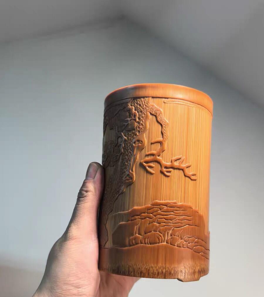 兰馨堂竹雕专场 名家玉竹雕松下人物竹雕笔筒