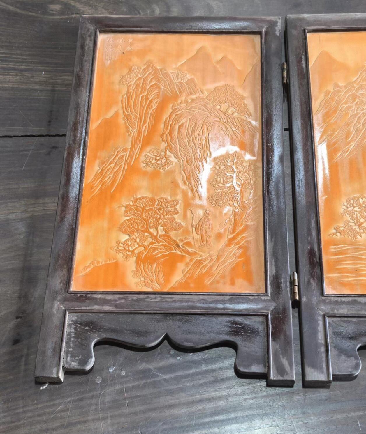 兰馨堂竹雕专场 老红木竹黄风景人物屏风摆件装饰品