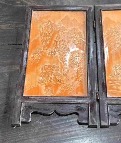 老红木竹黄风景人物屏风摆件装饰品