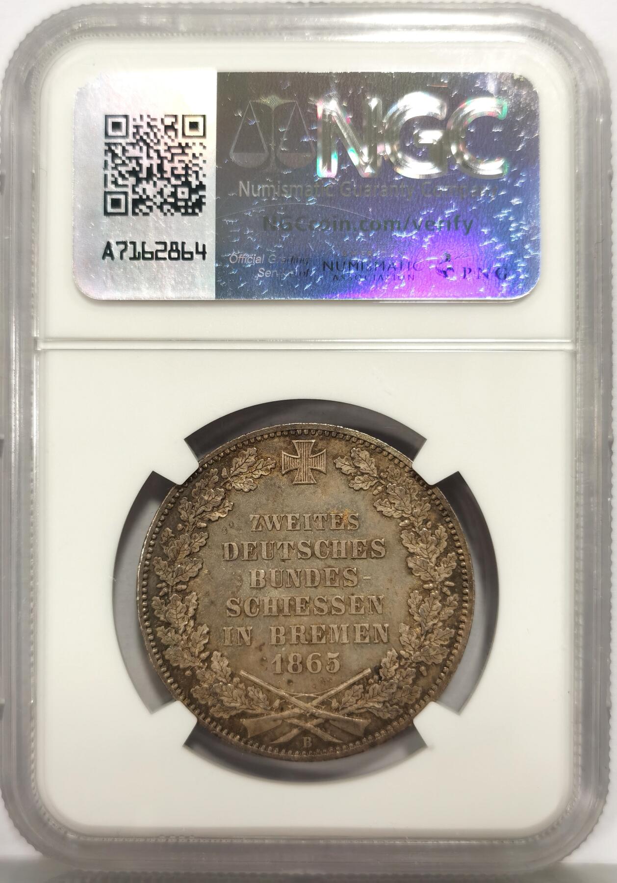 博洋堂“心向春光”2月精品大拍专场暨第160期（全场包邮） NGC MS63 德国不莱梅1865年B版射击节1泰勒 老包浆 正面落日余晖映照在哥特匙上 及其难得一见