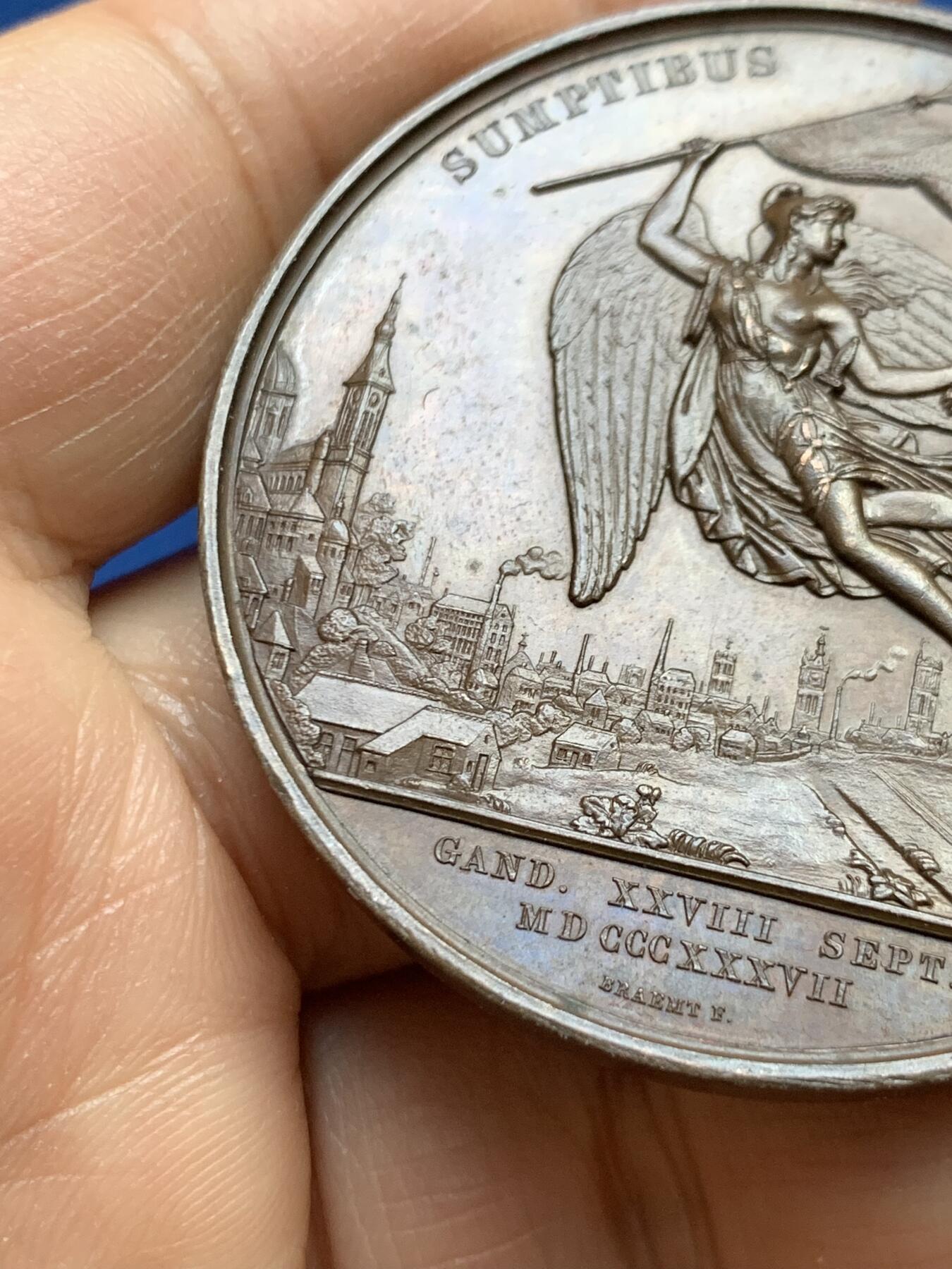 《竞宝斋》第465场 周日，周一，周二，3场连拍 （全场包邮）欢迎送拍 比利时1837年纪念根特至登德尔蒙德铁路开通铜章，利奥波德一世头像，42.9g，49.2mm