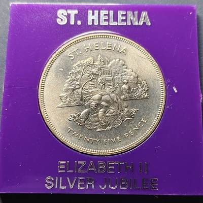 【全场包邮】纯粹捡漏拍500场-持续更新中 - 圣赫勒拿1977年25便士女王登基25周年克朗型纪念币-带卡
